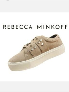 Rebecca Minkoff Beige Suede Platform Sneaker with Stud Accents